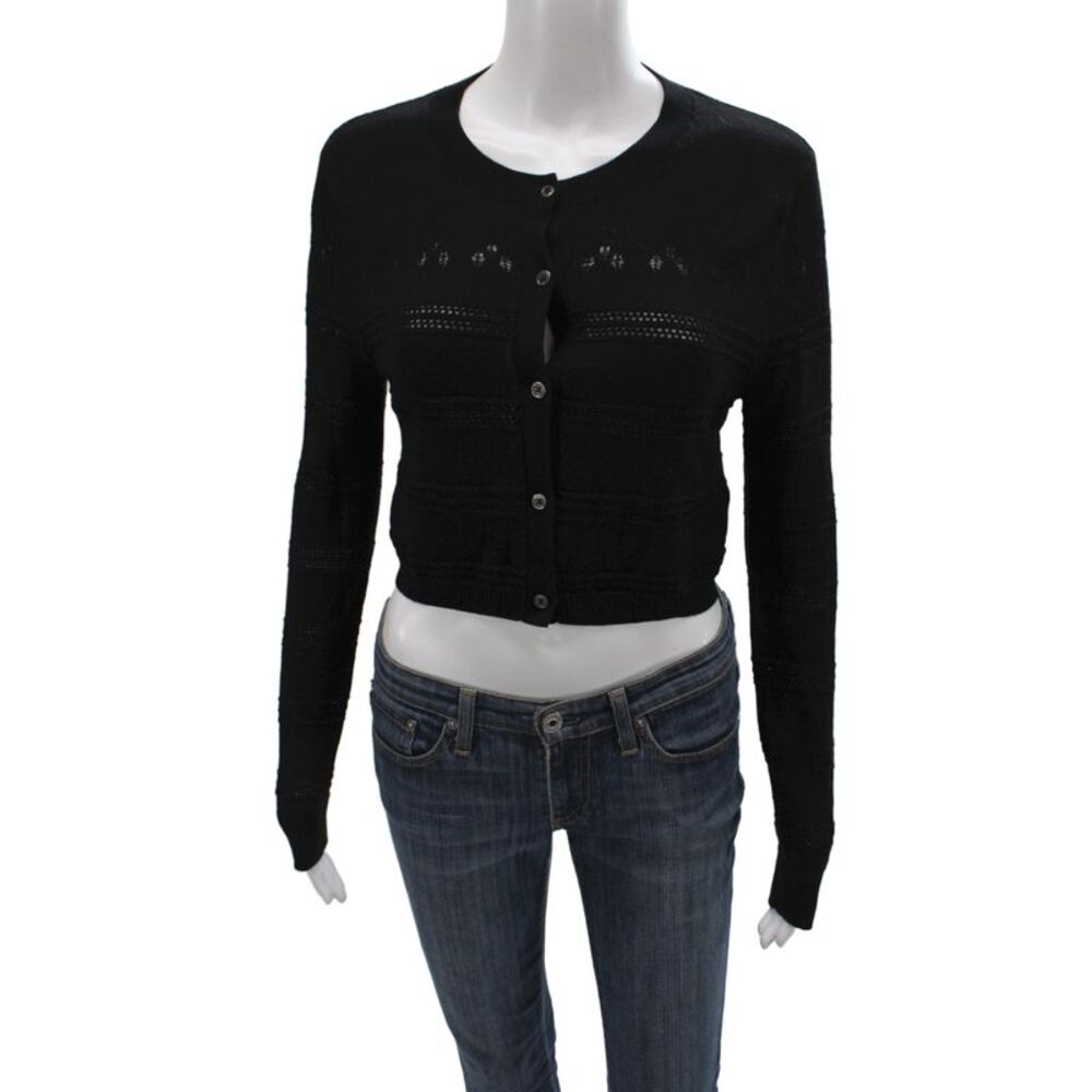 La Ligne Womens Cardigan Black Merino Wool Long Sleeve Round Neck Size S
